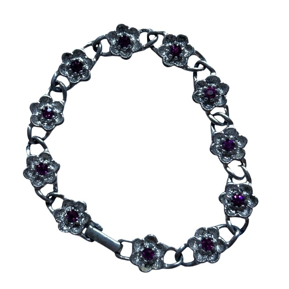 Silver-Tone Avon Floral Link Bracelet With Pink Rhinestones